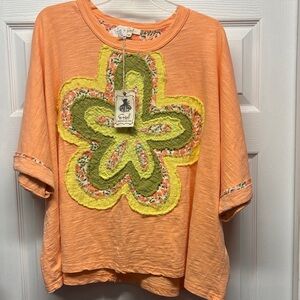 Easel Peach and Green Floral Patchwork Top Large New